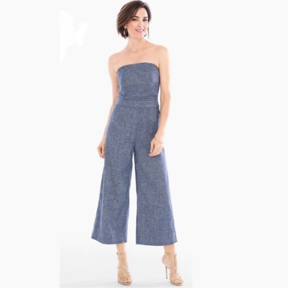 Chicos Black Label Denim Blue Twill Wide Leg Cropped Jumpsuit NEW